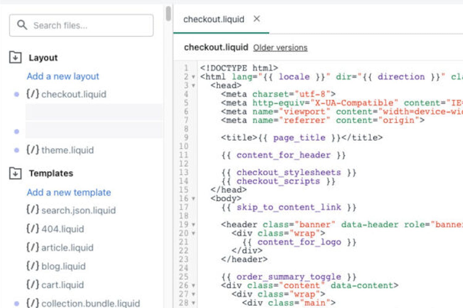 A screenshot of a checkout.liquid file opened in a code editor
