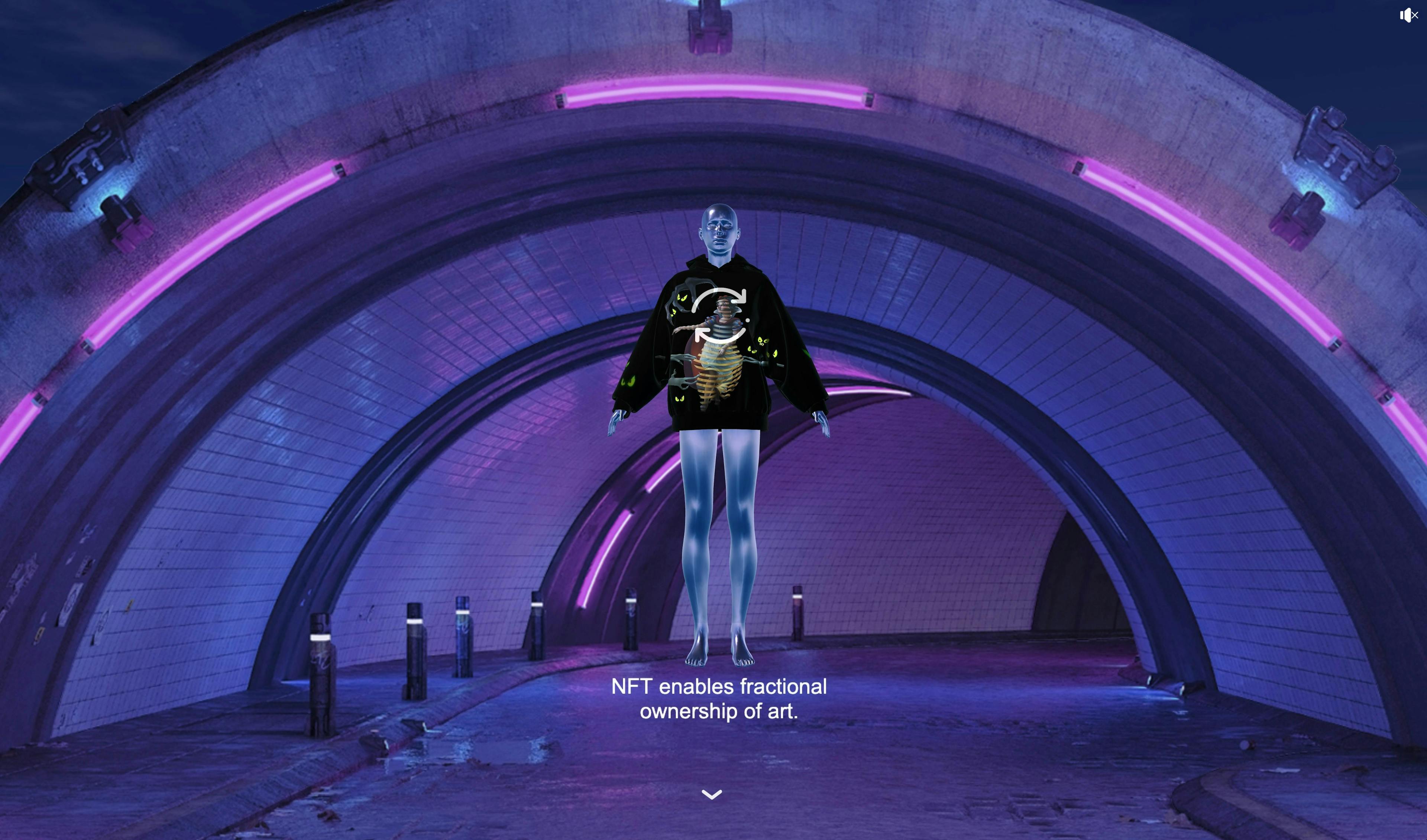 Eine gläserne Person trägt einen schwarzen Kapuzenpullover und schwebt vor einem Cyberpunk-Tunnel-Hintergrund