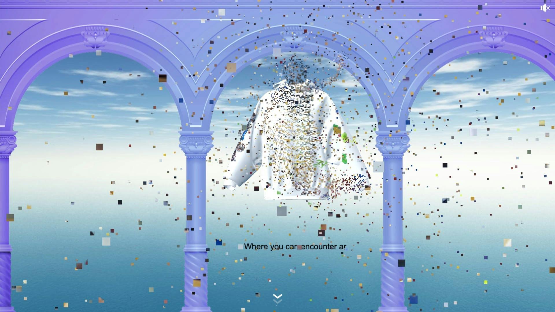 Particle animation in front of a hoodie floating in front of a purple colonnade floating in front of a partially clouded sky 