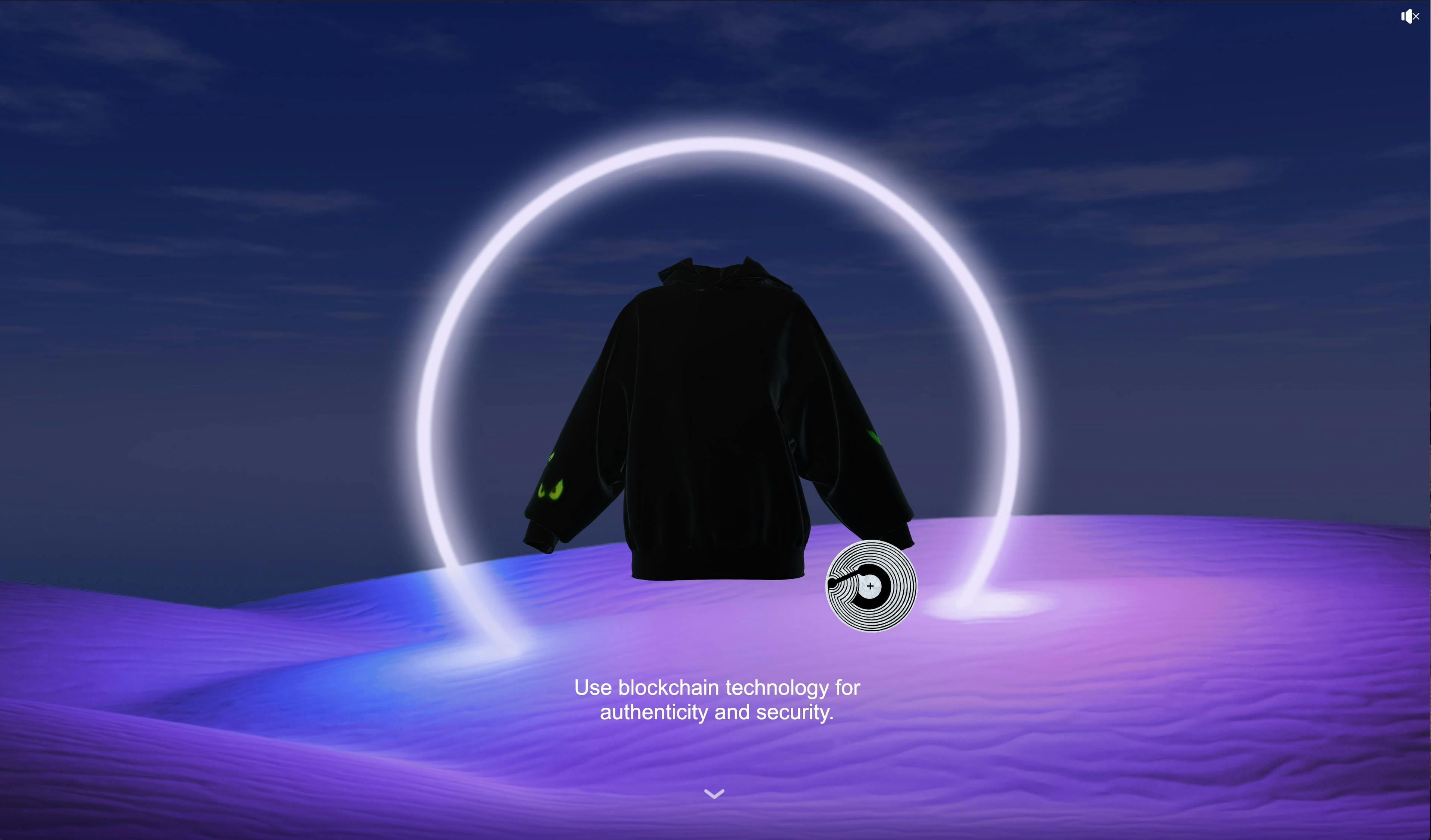 A hoodie and an nfc tag floating in front of a purple desert with a light halo and partly cloudy background