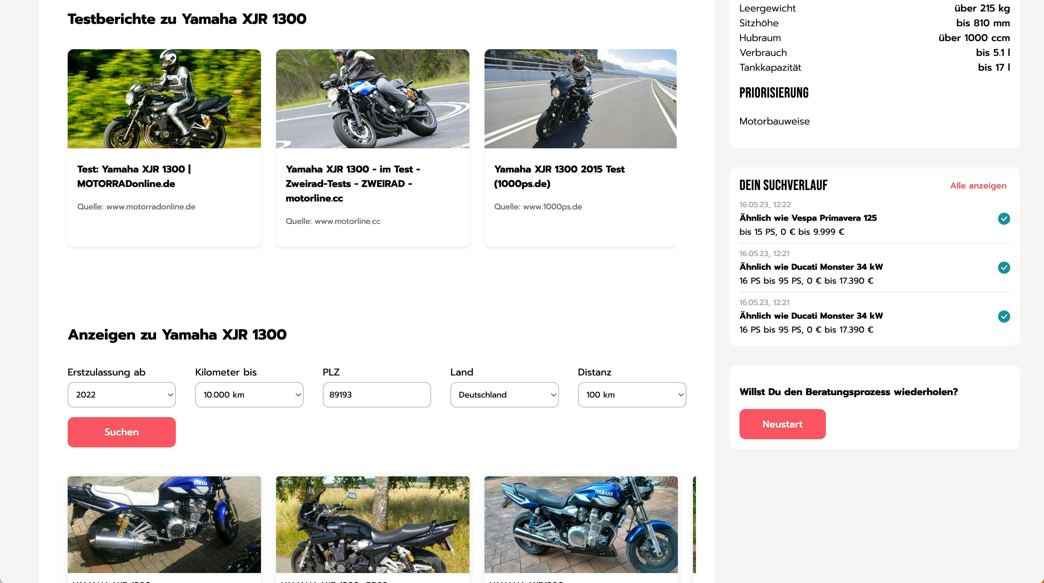 MOTOMETA Model page with review articles, customizable ads for used models and search history